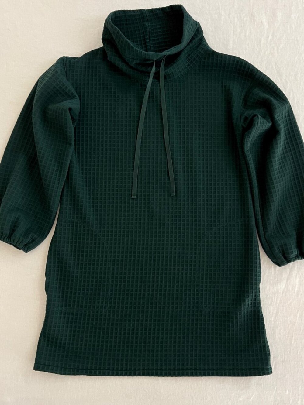 Max Studio Cowl Neck Waffle Knit Dark Green Balloon Sleeve Mini Dress Top Size L
